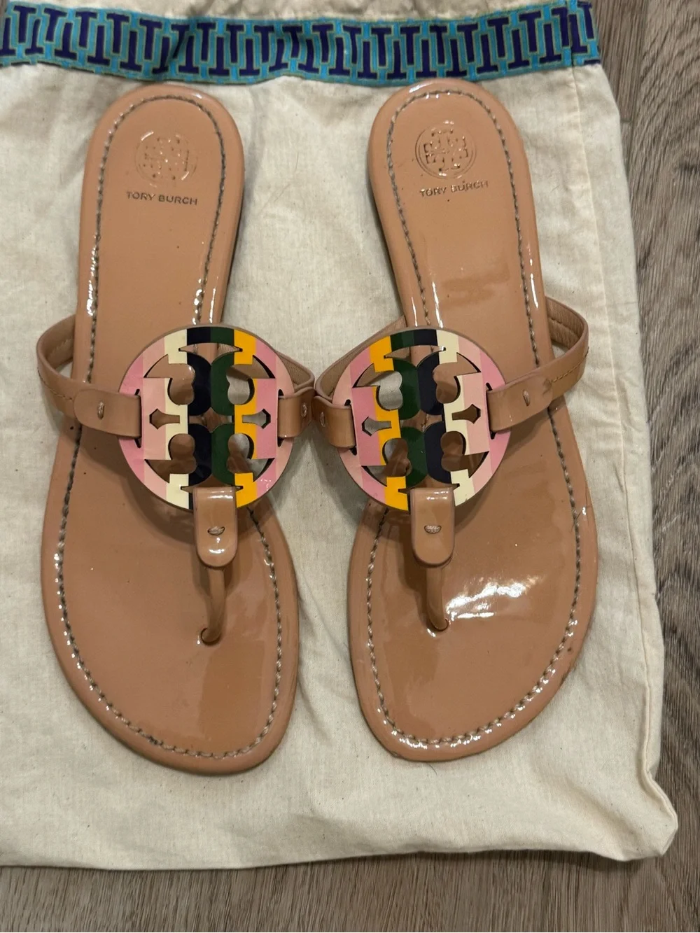 Tory Burch Miller Tan Patent Leather Sandals with Multicolor Logo Medallions
